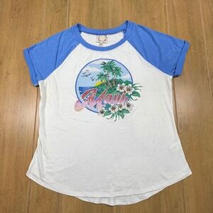 Tru Self‎ Maui Tropical Graphic Raglan T-Shirt Blue White Short Sleeve Mens M